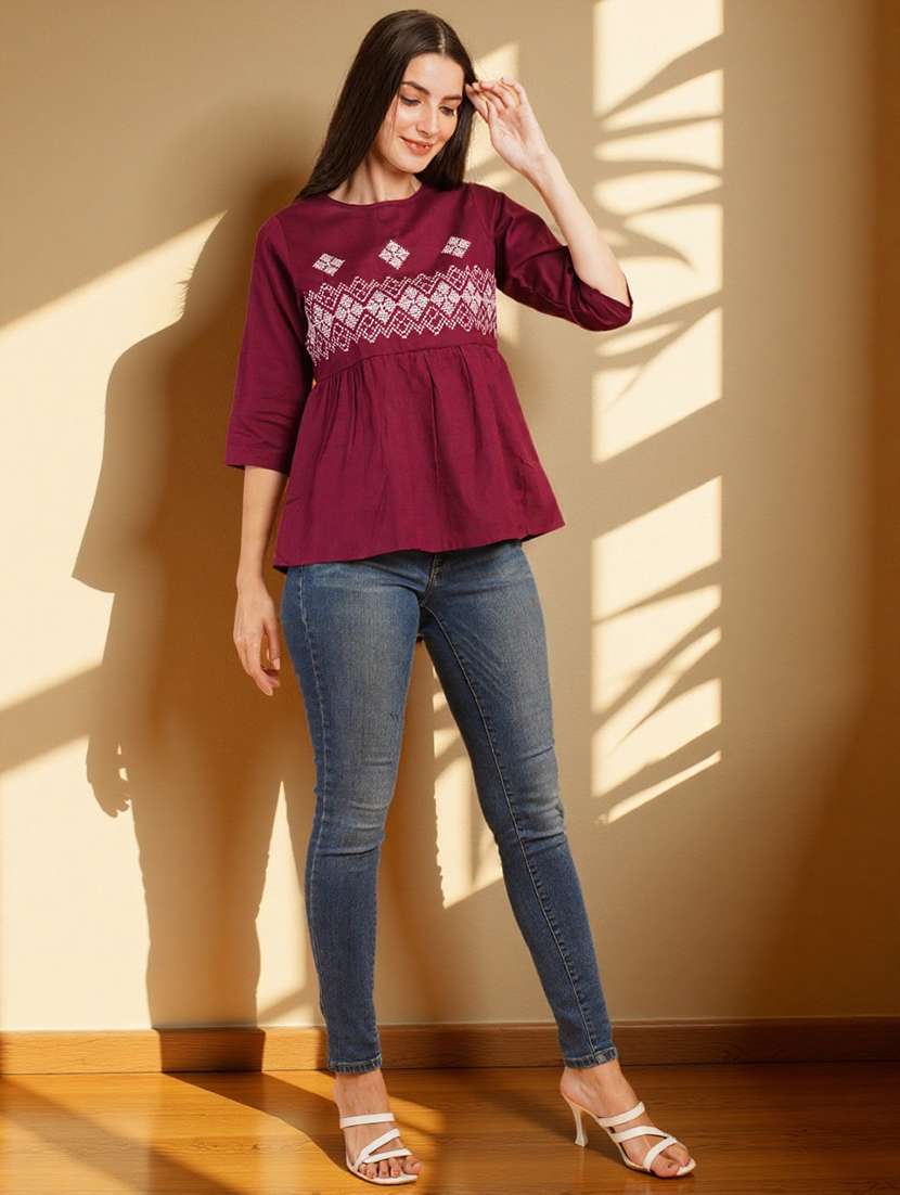 women embroidered three quarter sleeve flared top - 22182829 -  Standard Image - 5