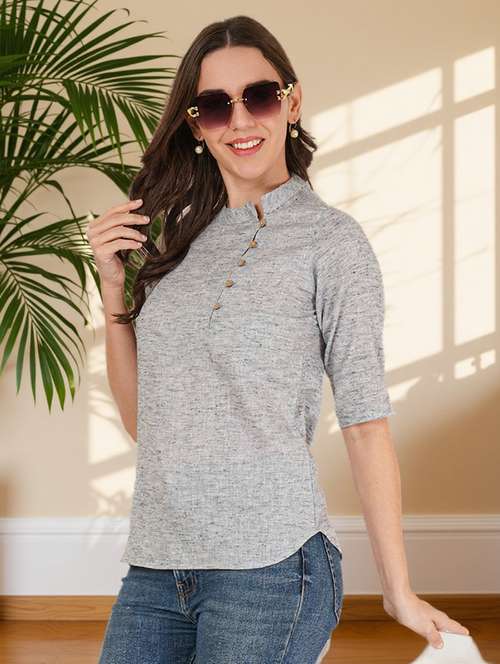 grey cotton women solid three quarter sleeve regular top top - 22182840 -  Standard Image - 0