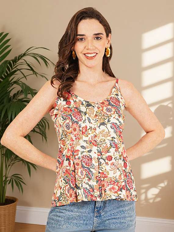 women floral print shoulder strap peplum top
