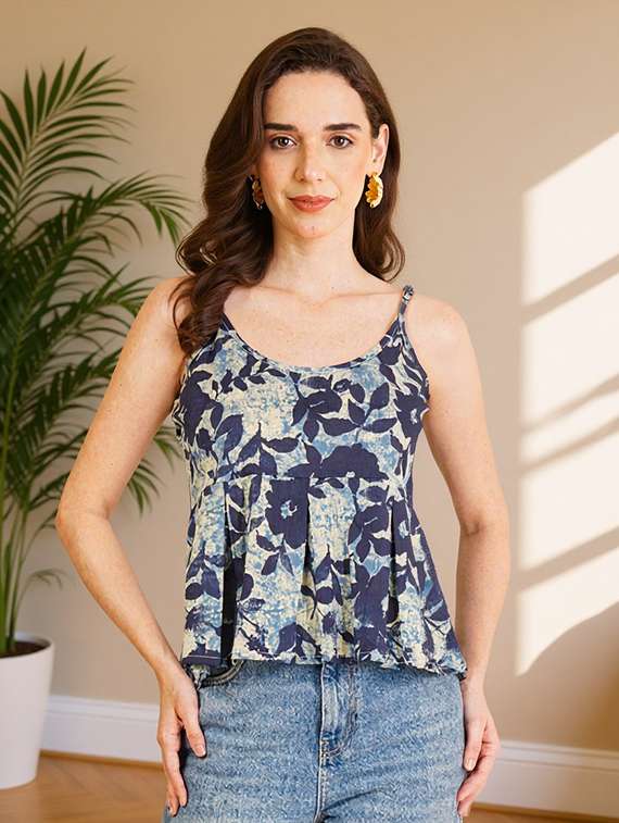 women floral print shoulder strap peplum top