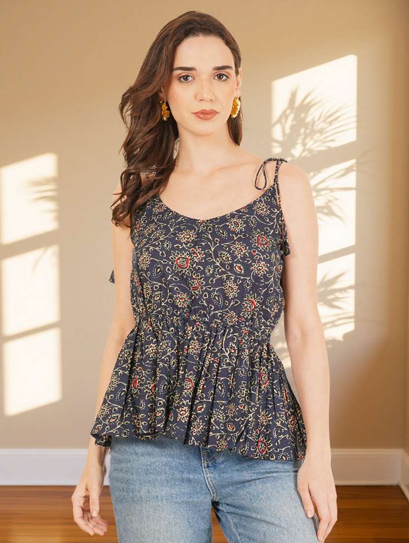 women printed shoulder strap peplum top