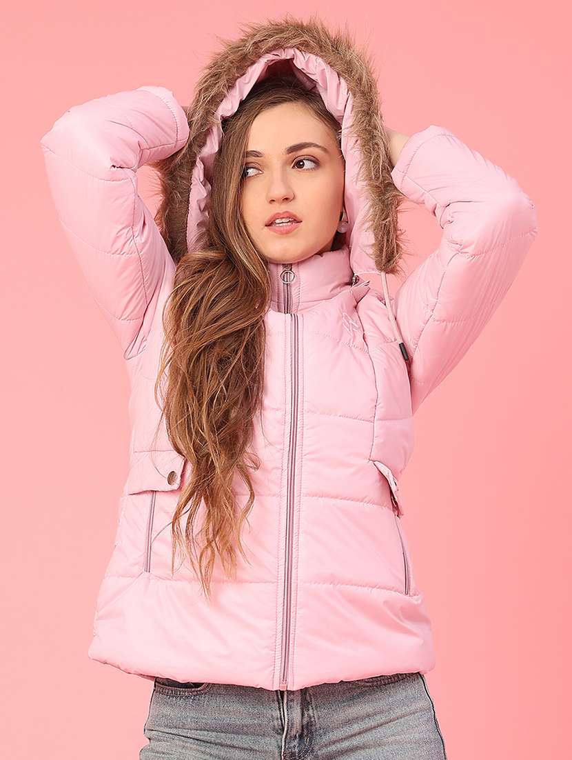 women solid long sleeve hooded puffer jacket