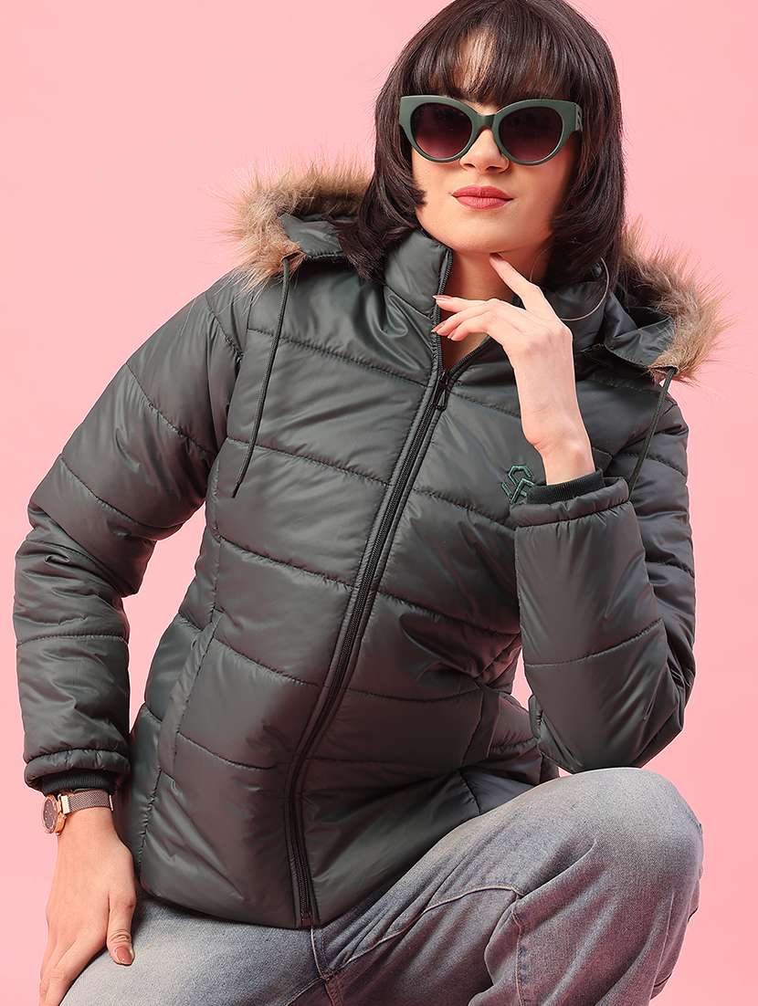 women solid long sleeve puffer jacket