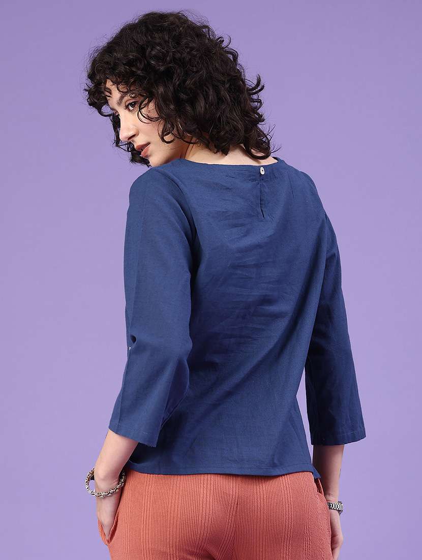 women solid with work boat neck ethnic top - 22183154 -  Standard Image - 3