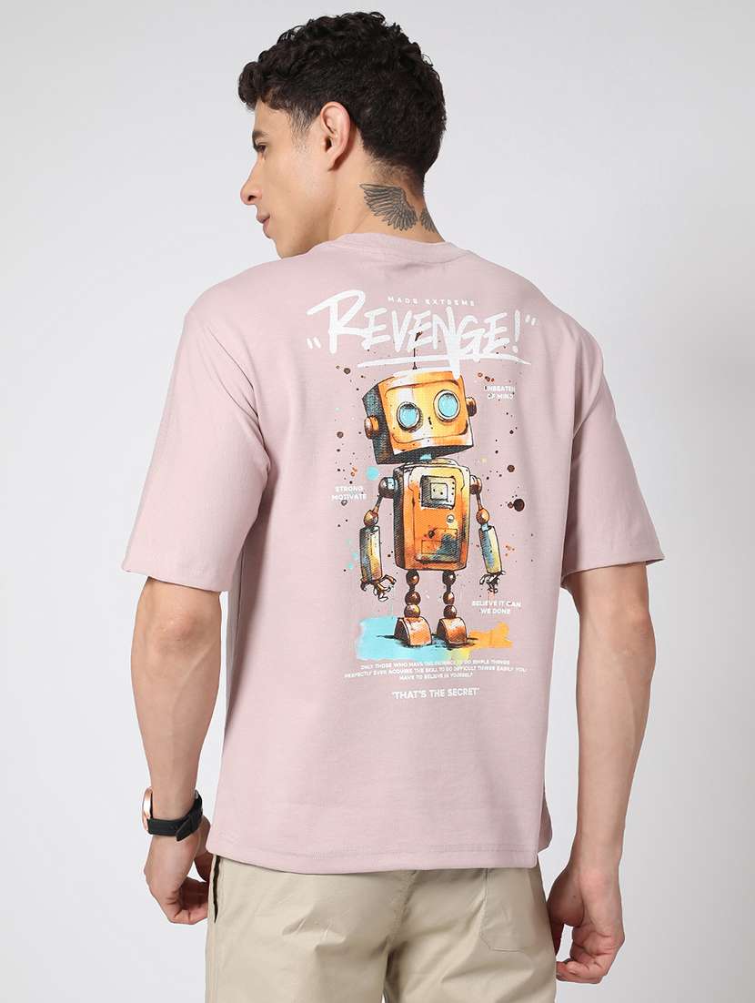 beige cotton blend front & back print tshirt