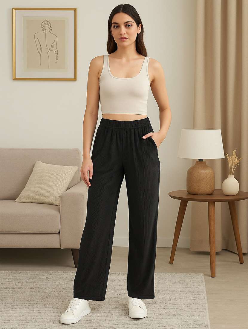 women solid mid rise wide leg track pant - 22183288 -  Standard Image - 3