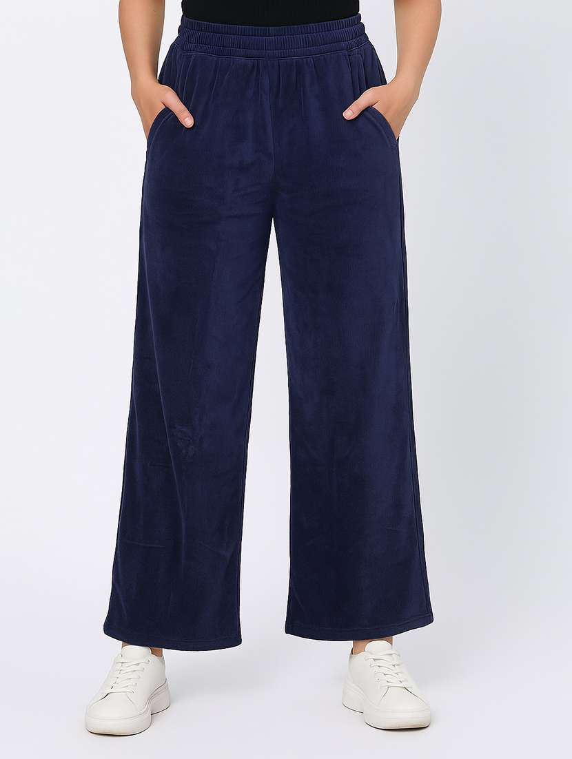 women solid high rise wide leg track pant