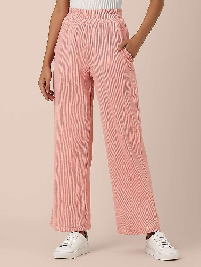 women solid high rise wide leg track pant