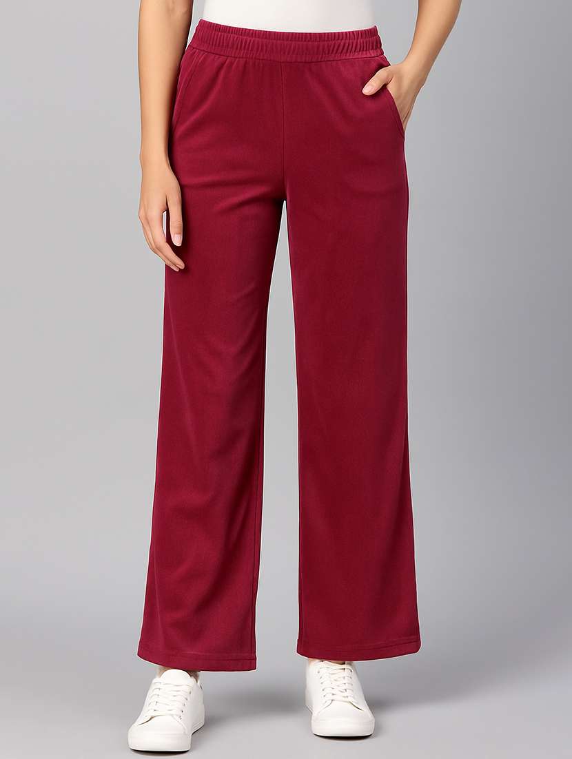 women solid high rise wide leg track pant