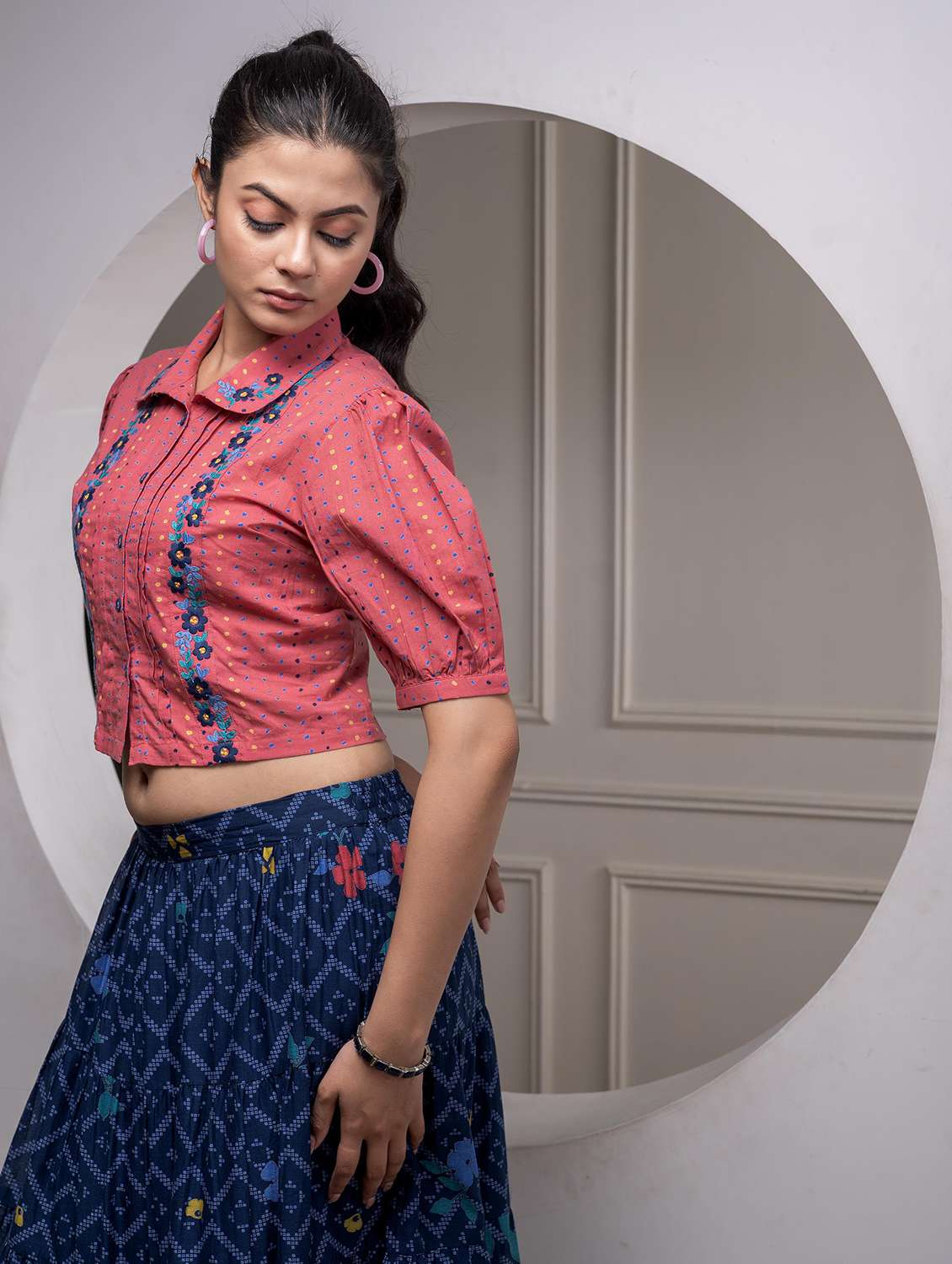 women printed puff sleeve skirt top set - 22183374 -  Standard Image - 3