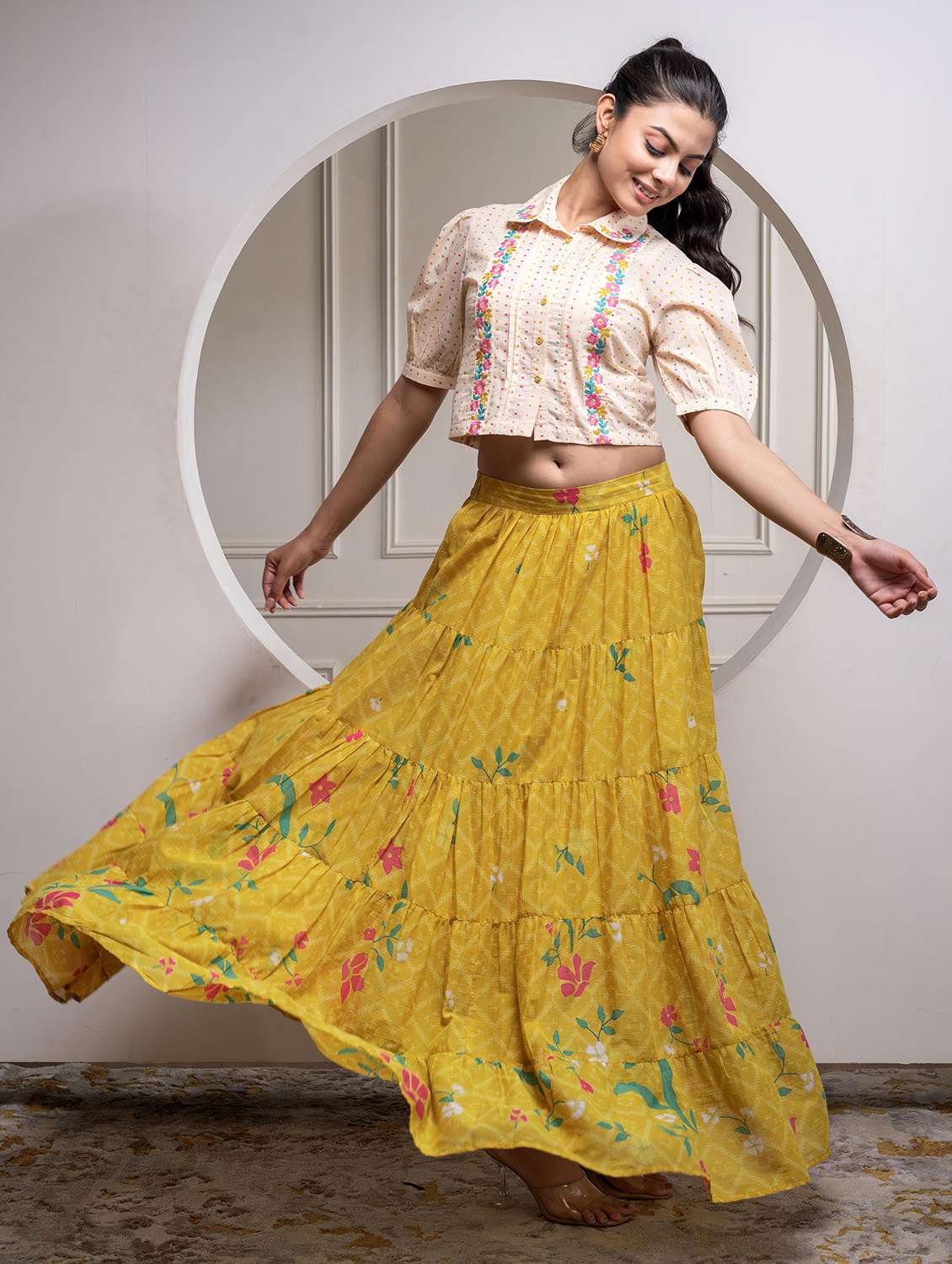 women printed puff sleeve skirt top set