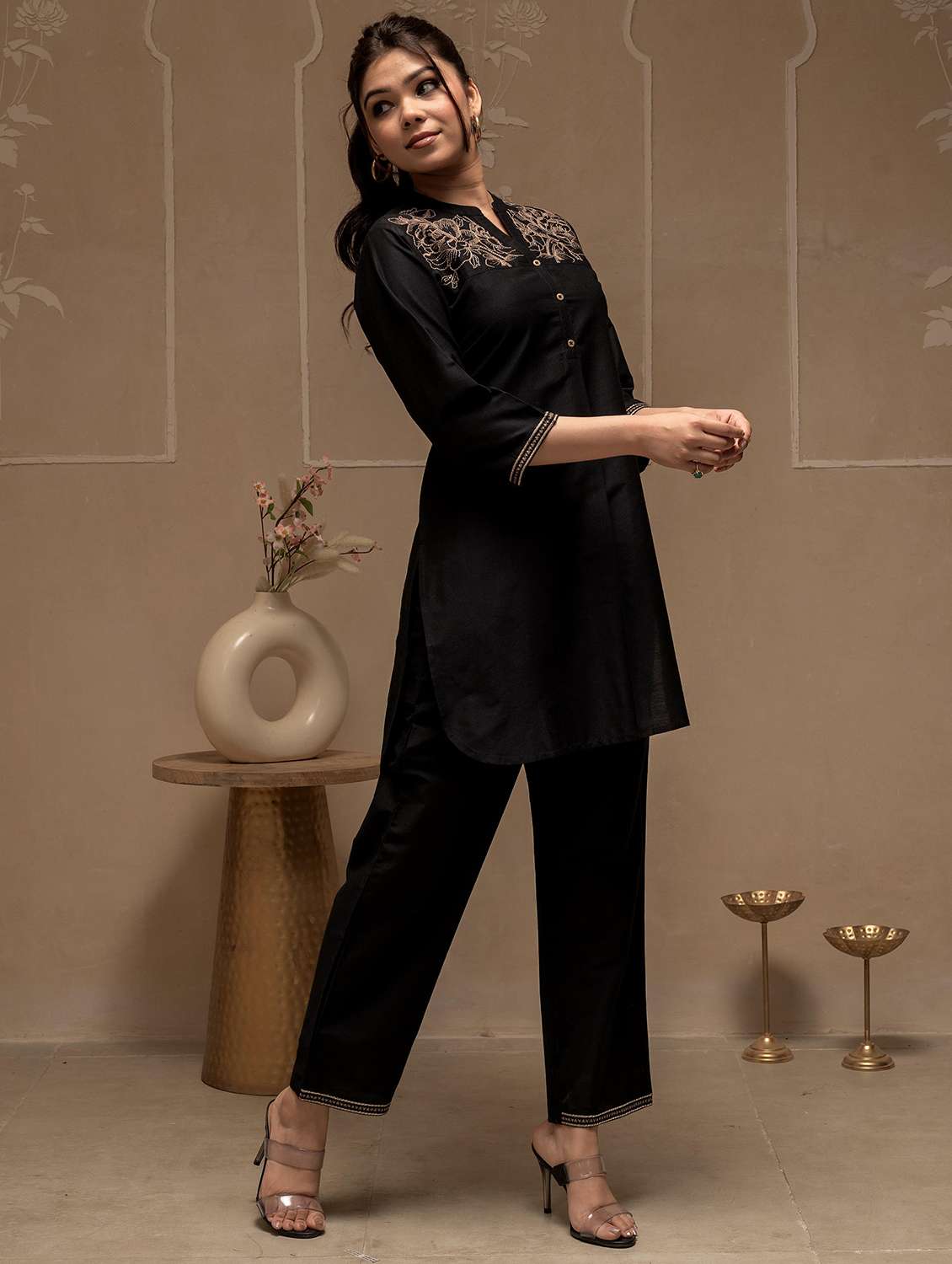 women solid with work three quarter sleeve kurta pant set - 22183376 -  Standard Image - 3