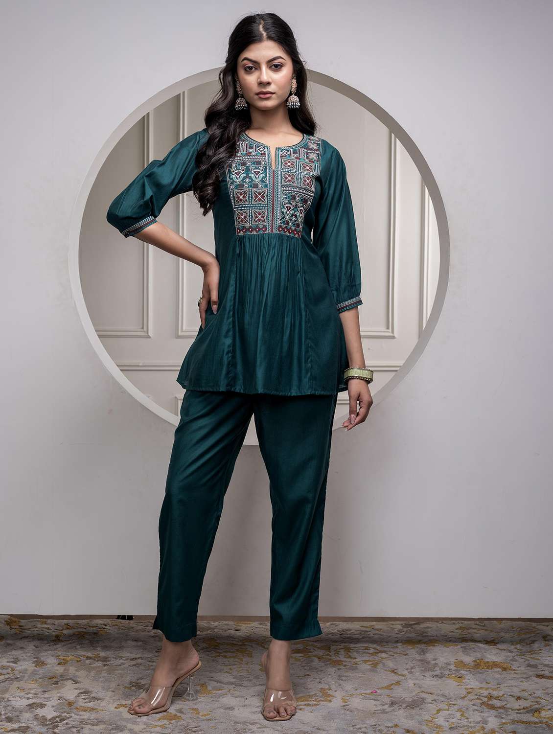 women three quarter sleeve regular fit ethnic co-ord set