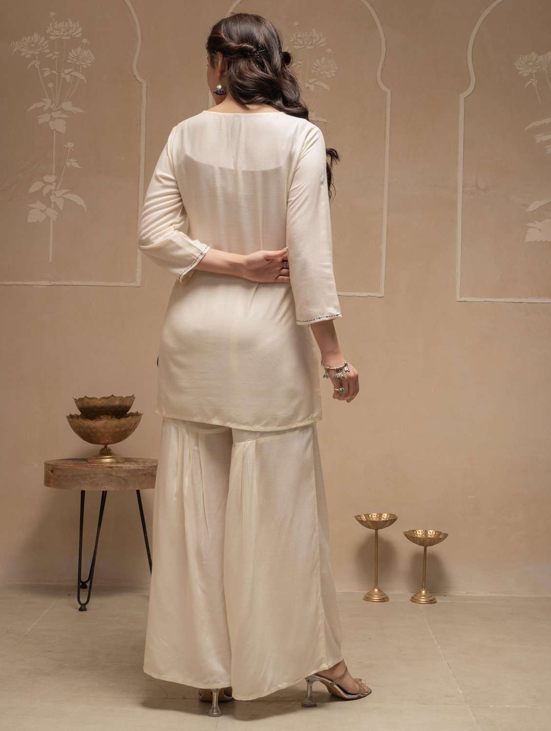 women solid with work three quarter sleeve kurta sharara set - 22183382 -  Standard Image - 3