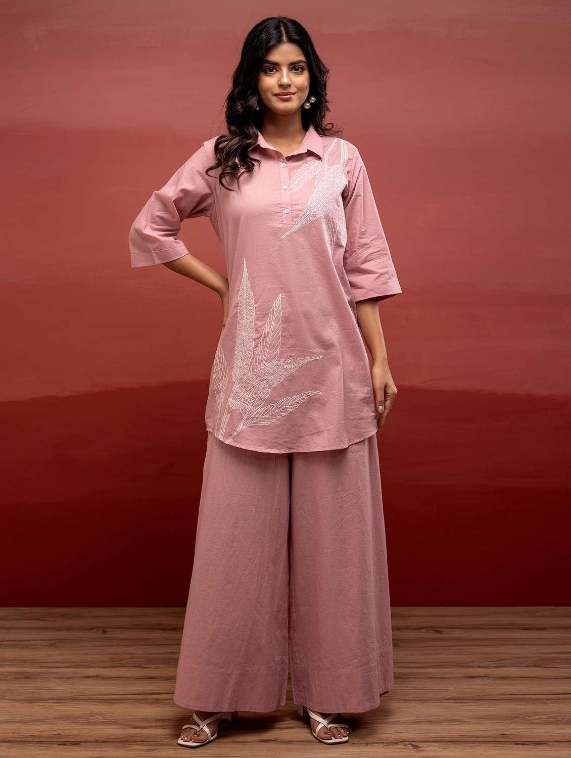 women solid with work three quarter sleeve relaxed fit ethnic co-ord set