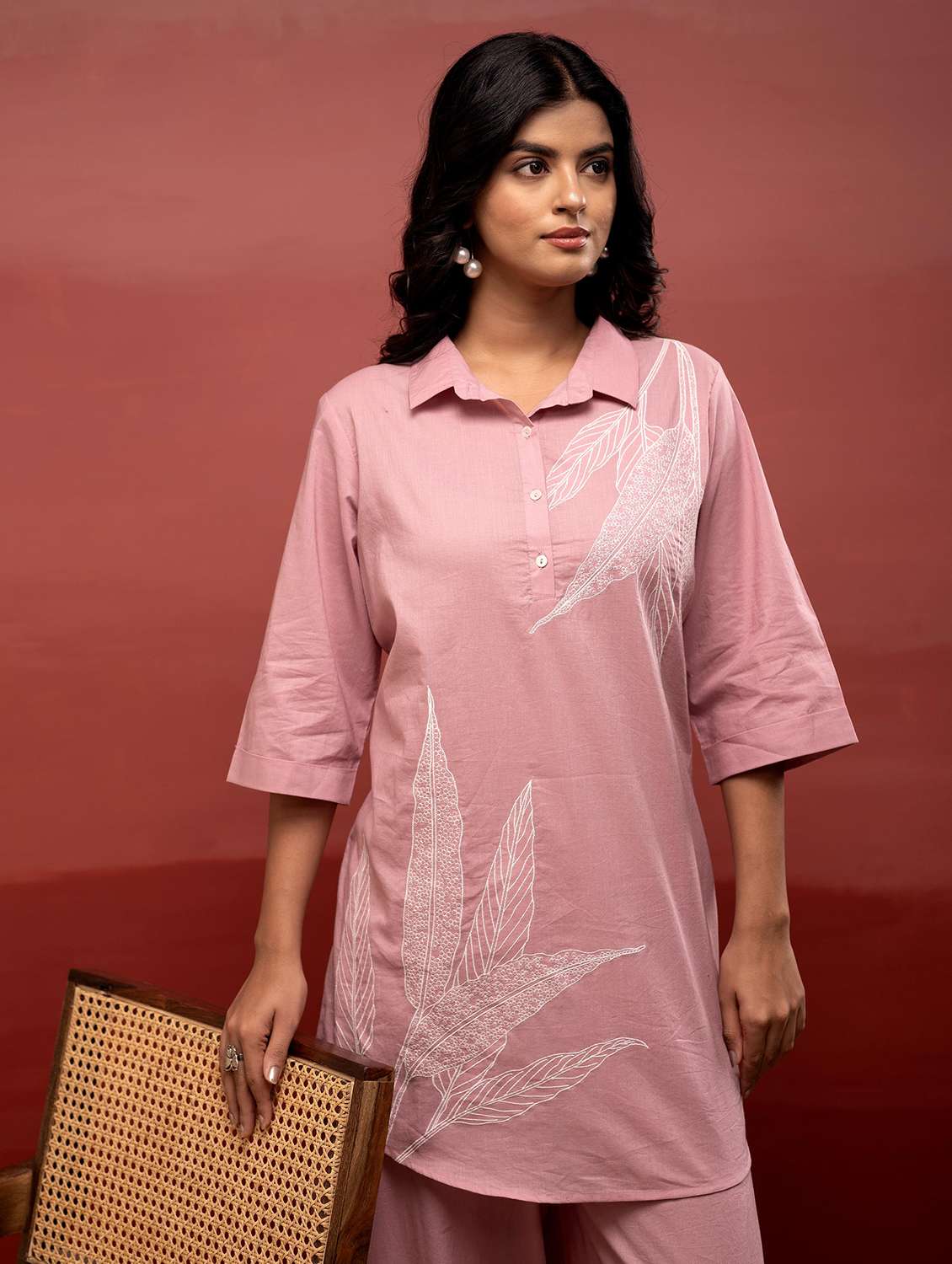 women solid with work three quarter sleeve relaxed fit ethnic co-ord set - 22183385 -  Standard Image - 3