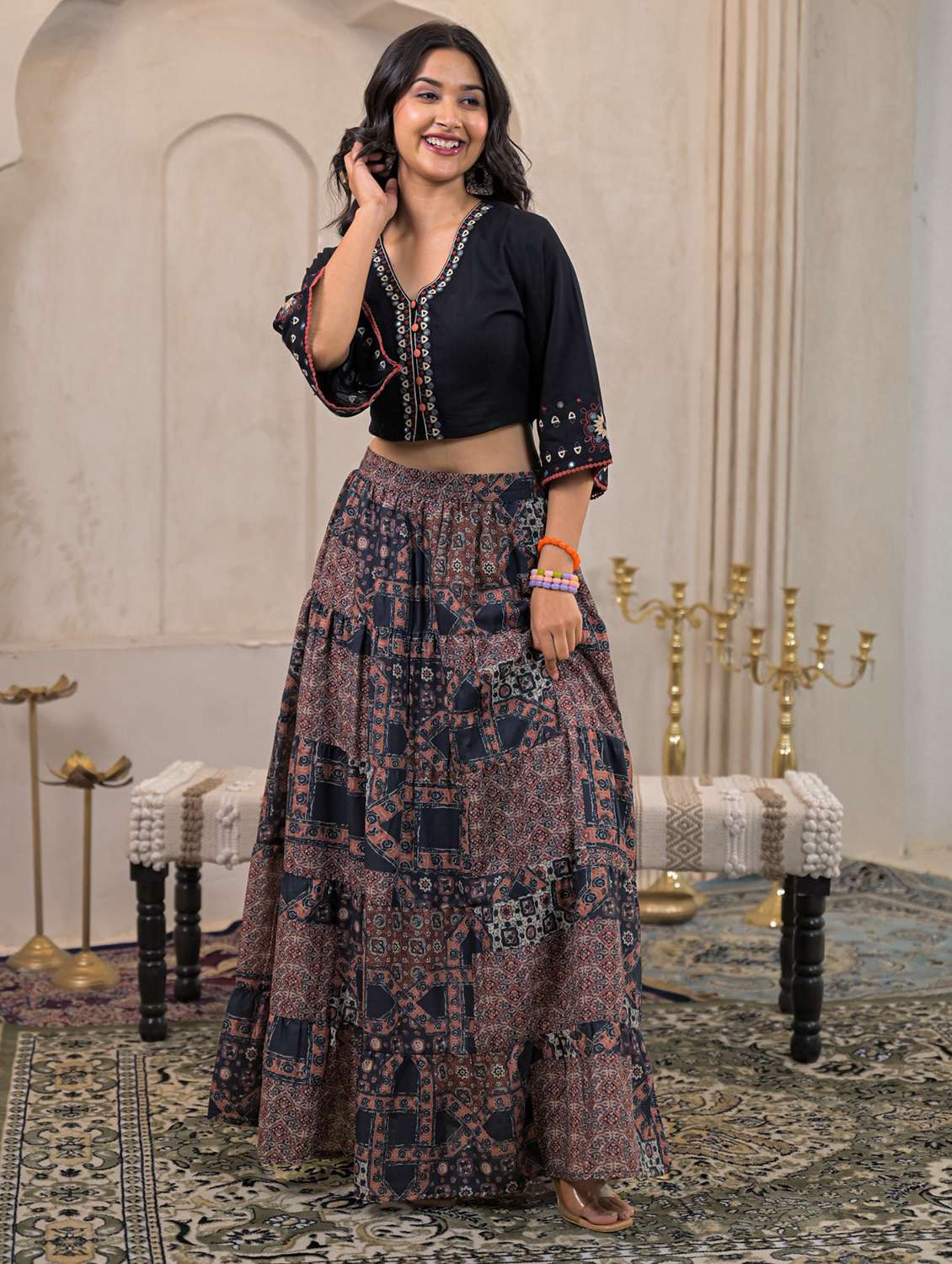 women printed three quarter sleeve skirt top set - 22183392 -  Standard Image - 3