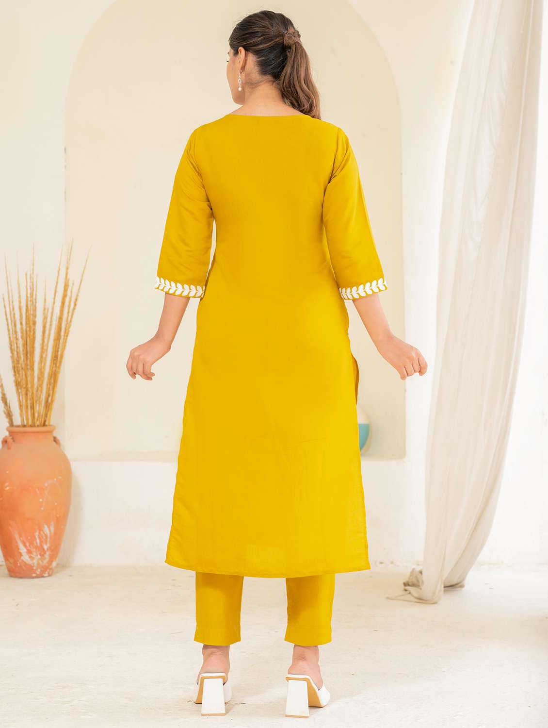 women solid with work three quarter sleeve kurta pant set - 22183395 -  Standard Image - 3