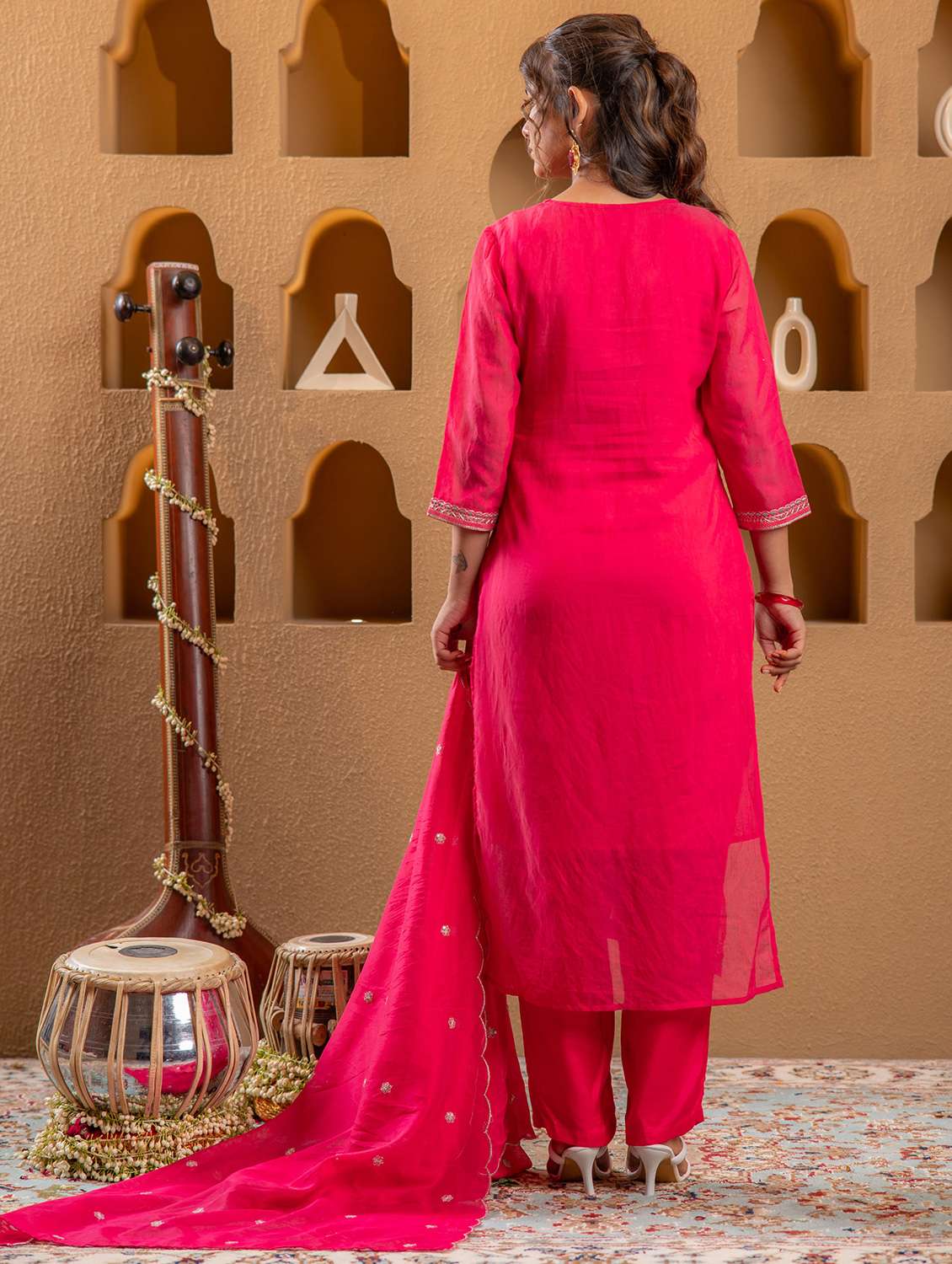 women solid with work three quarter sleeve kurta pant with dupatta set - 22183397 -  Standard Image - 3