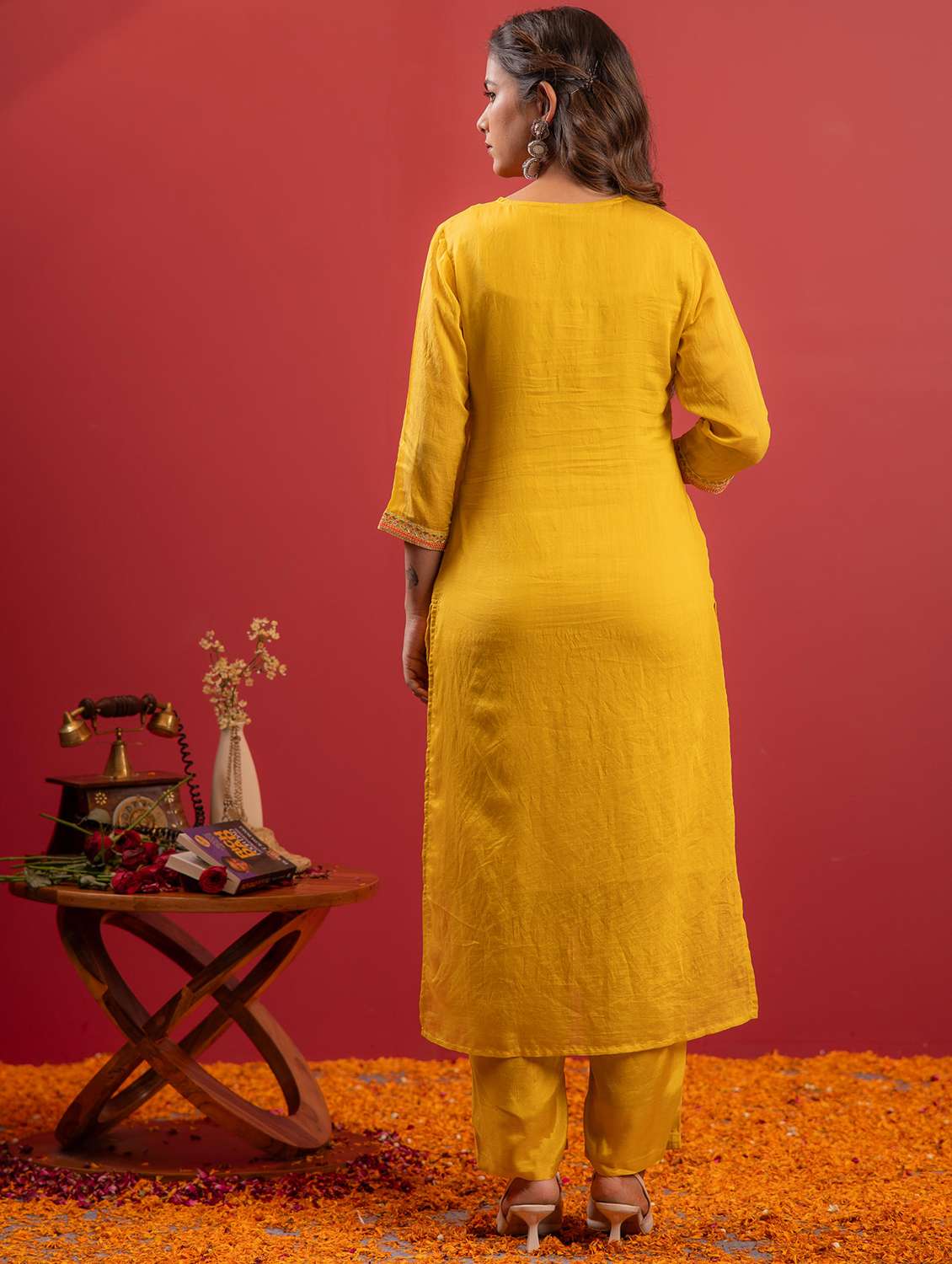 women solid with work three quarter sleeve kurta pant with dupatta set - 22183398 -  Standard Image - 3