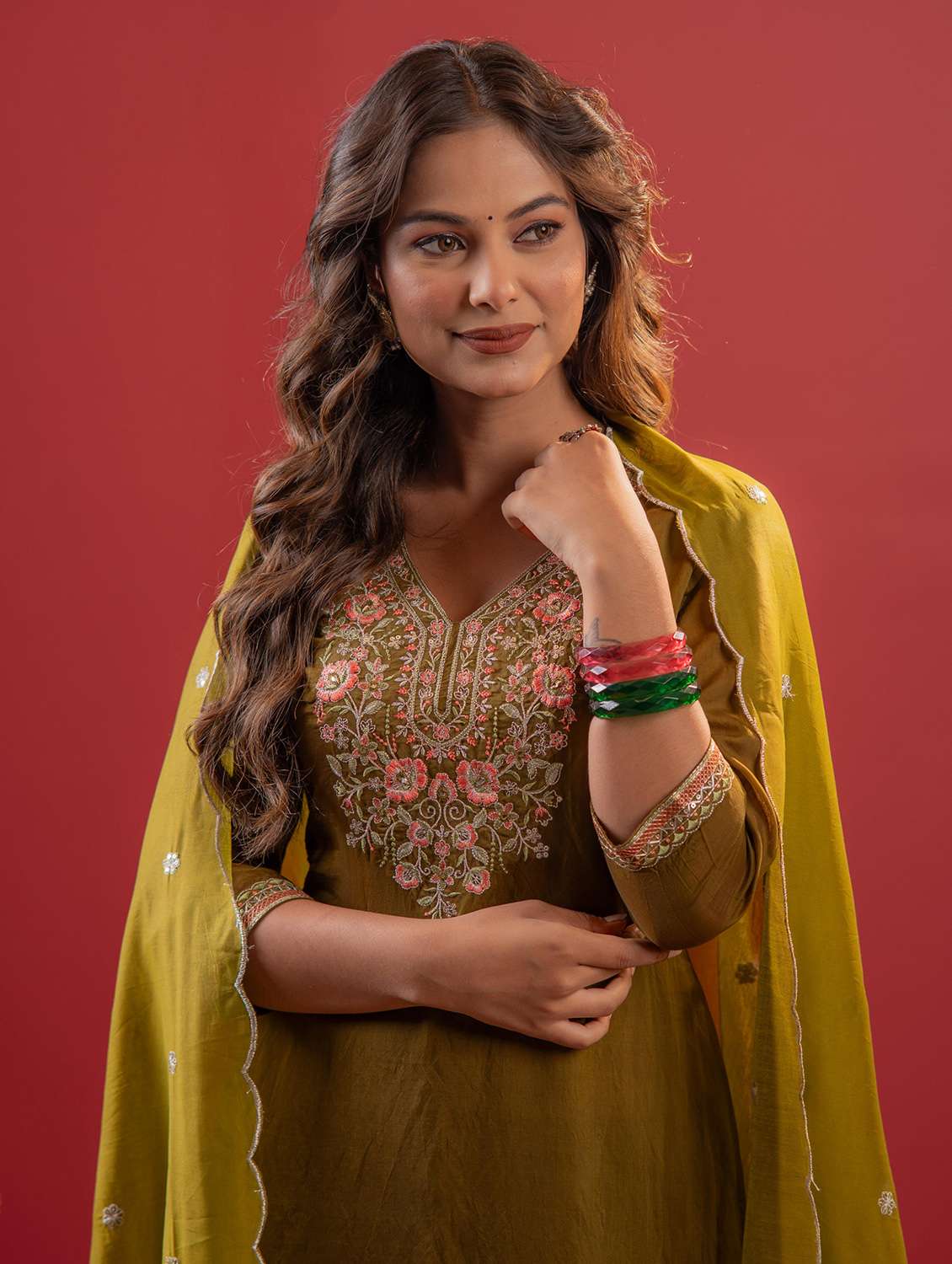 women solid with work three quarter sleeve kurta pant with dupatta set - 22183399 -  Standard Image - 3