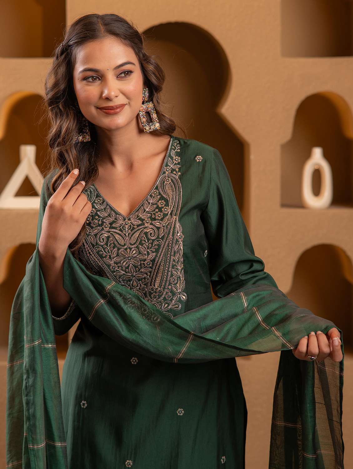 women solid with work three quarter sleeve kurta pant with dupatta set - 22183400 -  Standard Image - 3