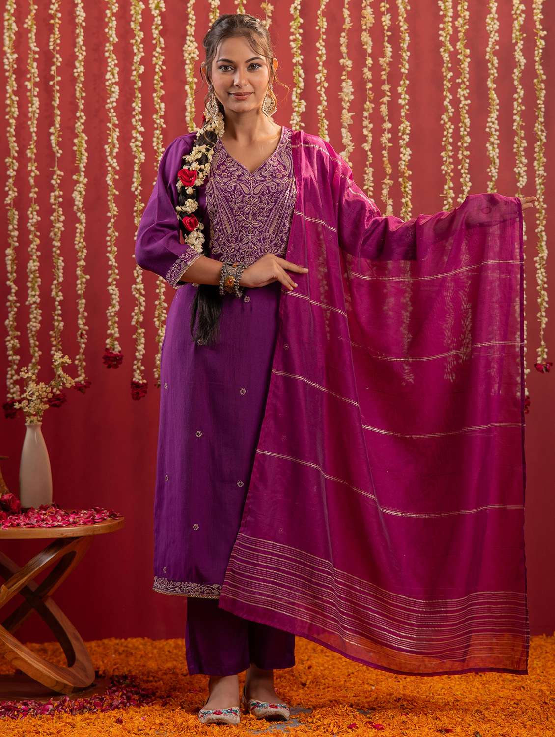 women solid with work three quarter sleeve kurta pant with dupatta set