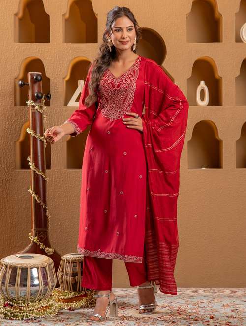 women solid with work three quarter sleeve kurta pant with dupatta set - 22183402 -  Standard Image - 0