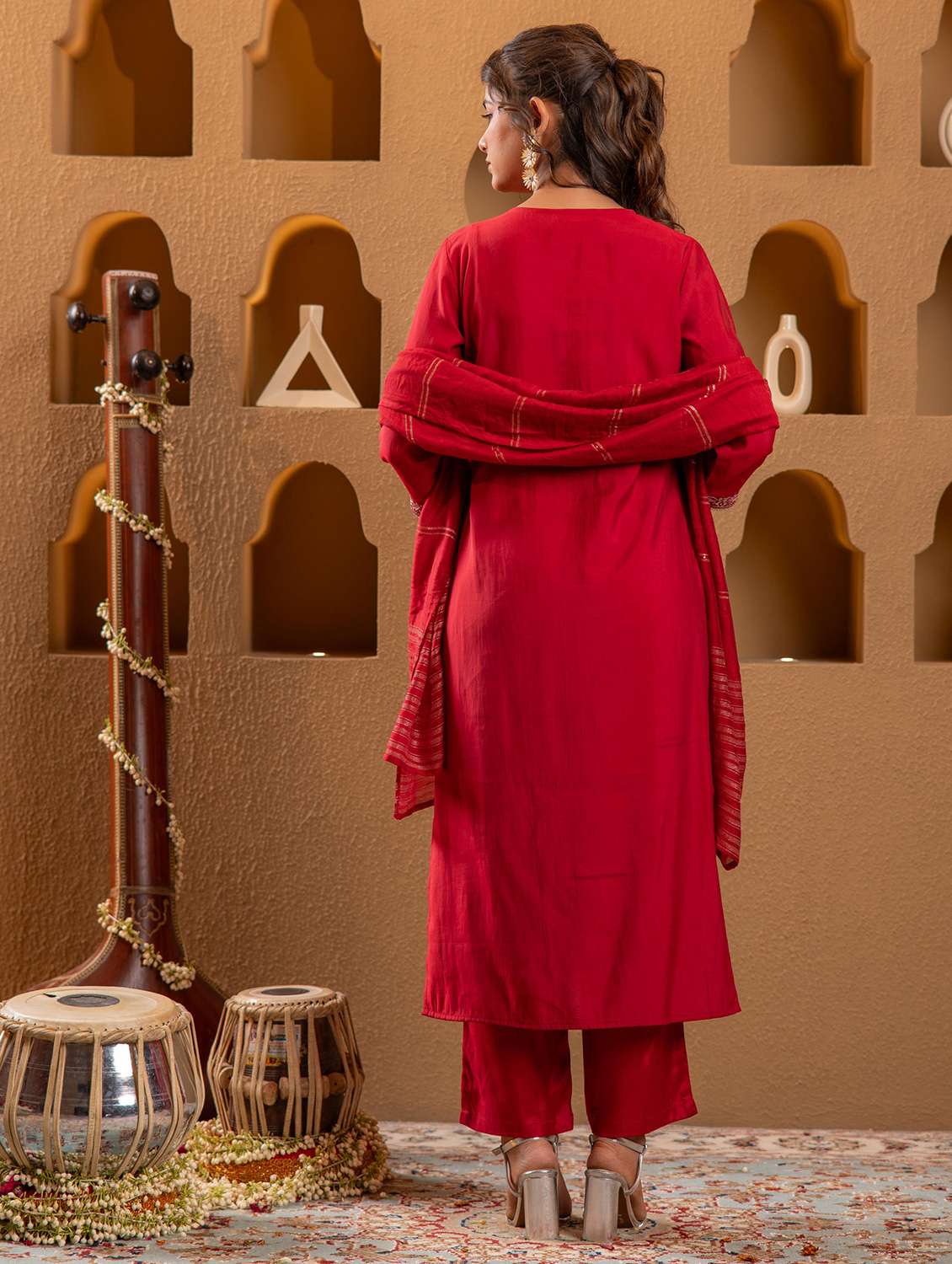 women solid with work three quarter sleeve kurta pant with dupatta set - 22183402 -  Standard Image - 3