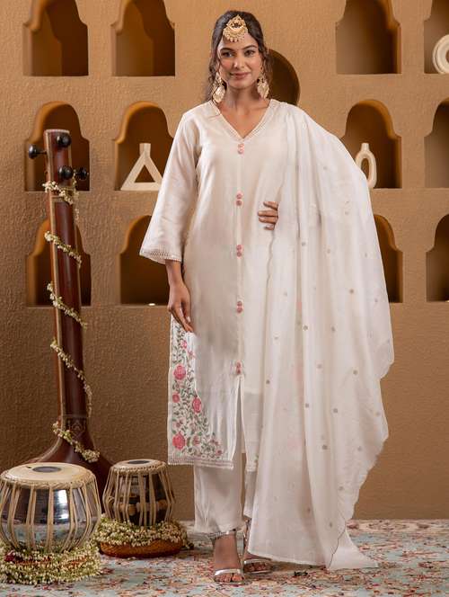 women solid with work three quarter sleeve kurta pant with dupatta set - 22183403 -  Standard Image - 0