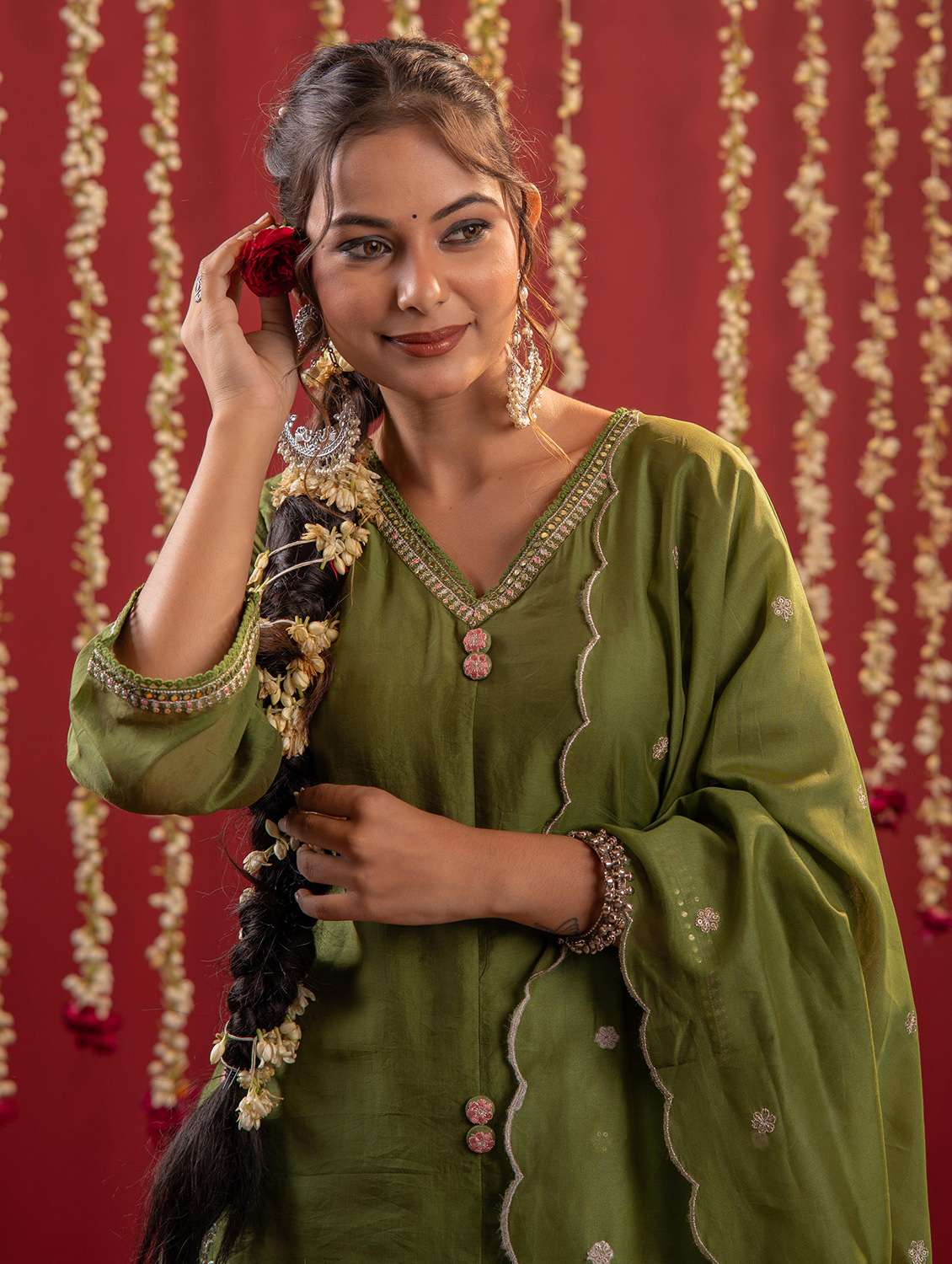 women solid with work three quarter sleeve kurta pant with dupatta set - 22183404 -  Standard Image - 3