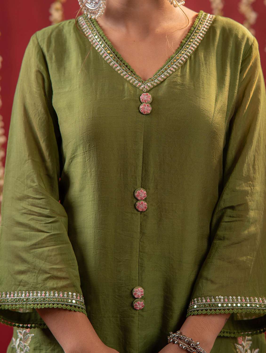 women solid with work three quarter sleeve kurta pant with dupatta set - 22183404 -  Standard Image - 5