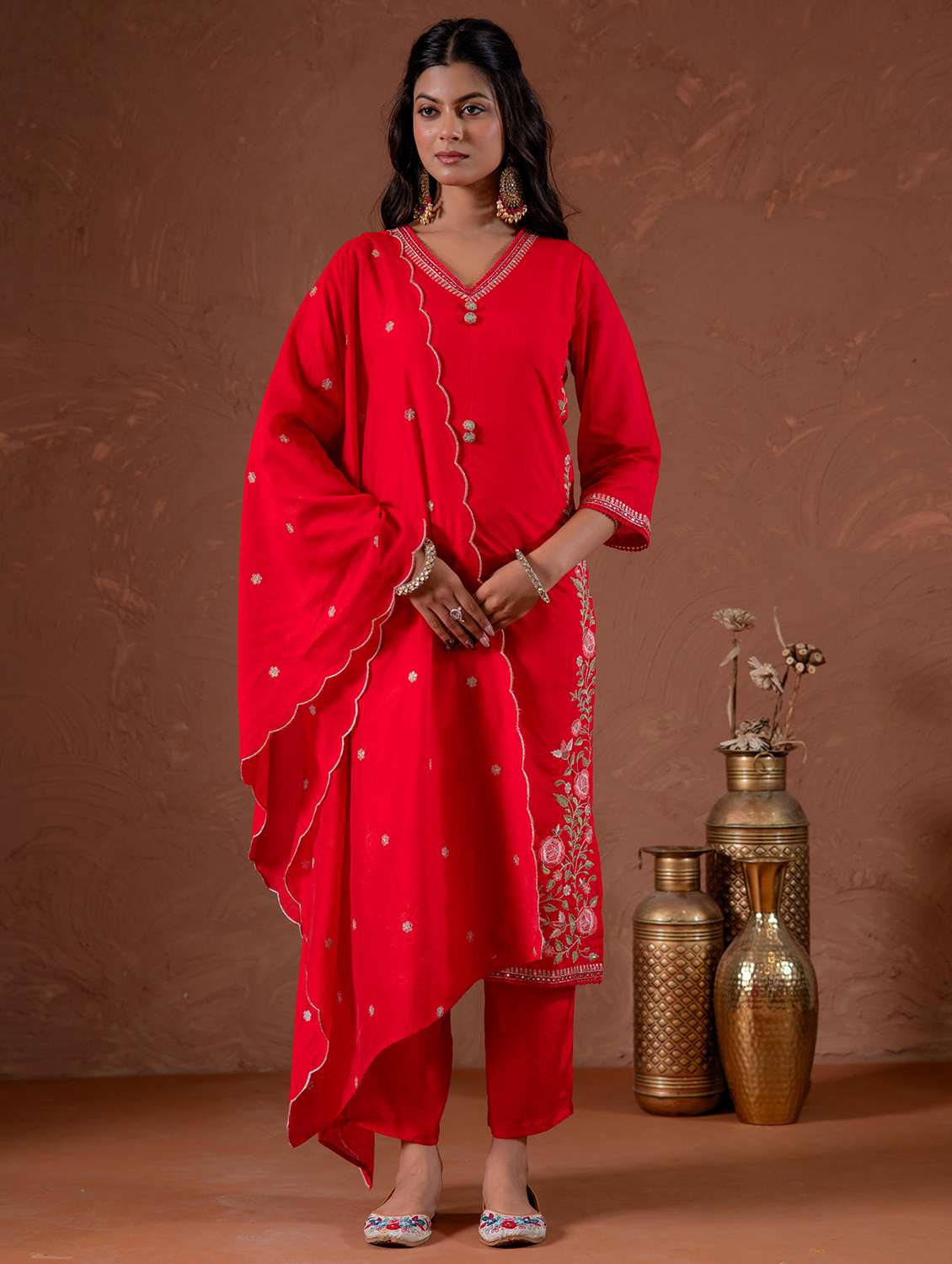women solid with work three quarter sleeve kurta pant with dupatta set - 22183405 -  Zoom Image - 0