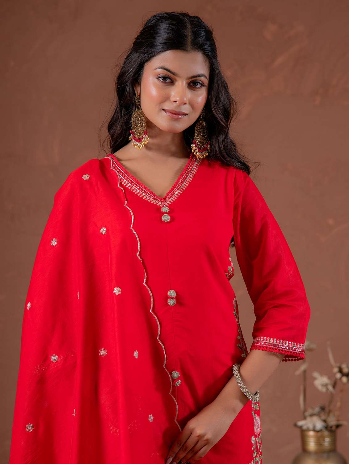 women solid with work three quarter sleeve kurta pant with dupatta set - 22183405 -  Standard Image - 3