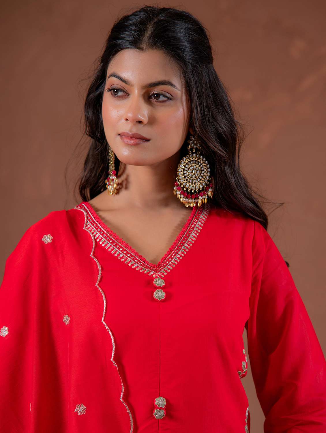 women solid with work three quarter sleeve kurta pant with dupatta set - 22183405 -  Standard Image - 5