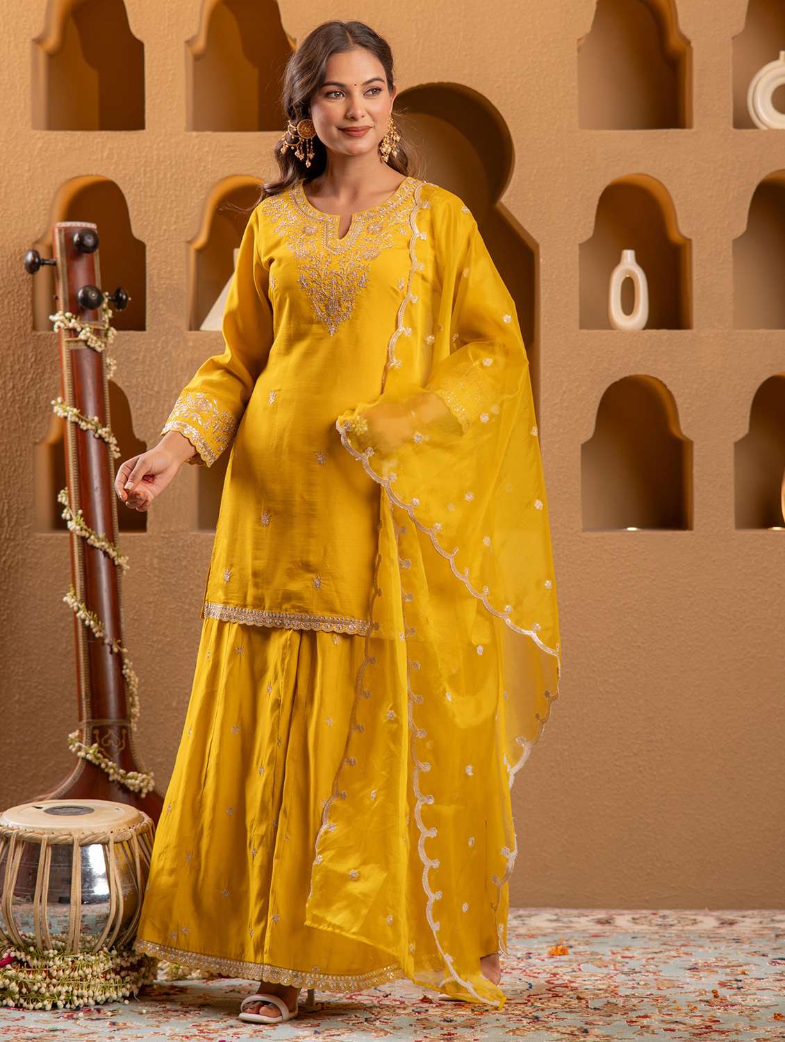 women solid with work three quarter sleeve kurta palazzo with dupatta set - 22183406 -  Zoom Image - 0