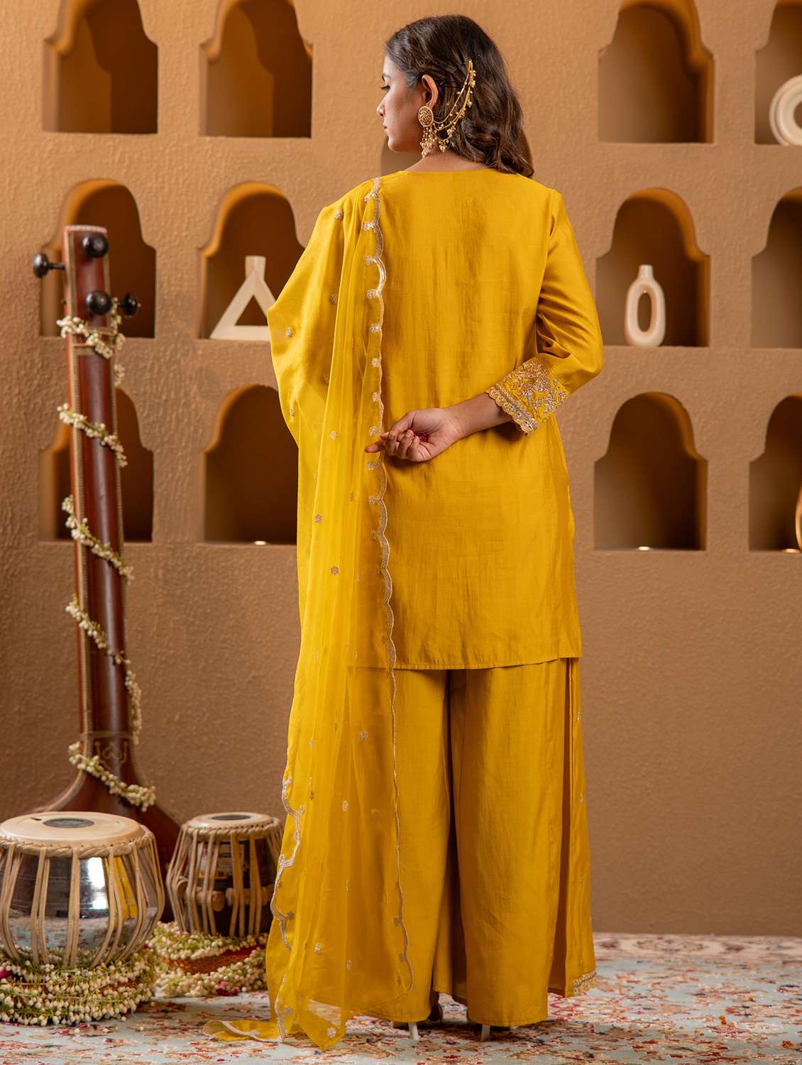 women solid with work three quarter sleeve kurta palazzo with dupatta set - 22183406 -  Standard Image - 3