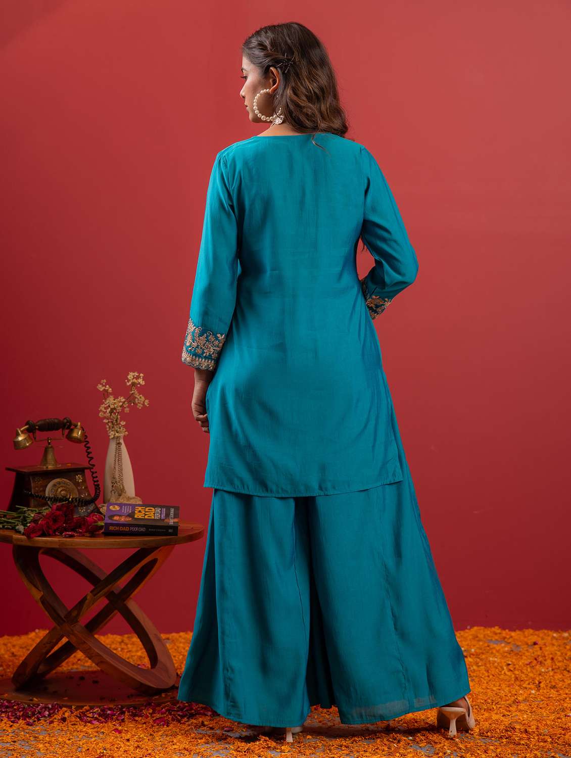 women solid with work three quarter sleeve kurta palazzo with dupatta set - 22183407 -  Standard Image - 3