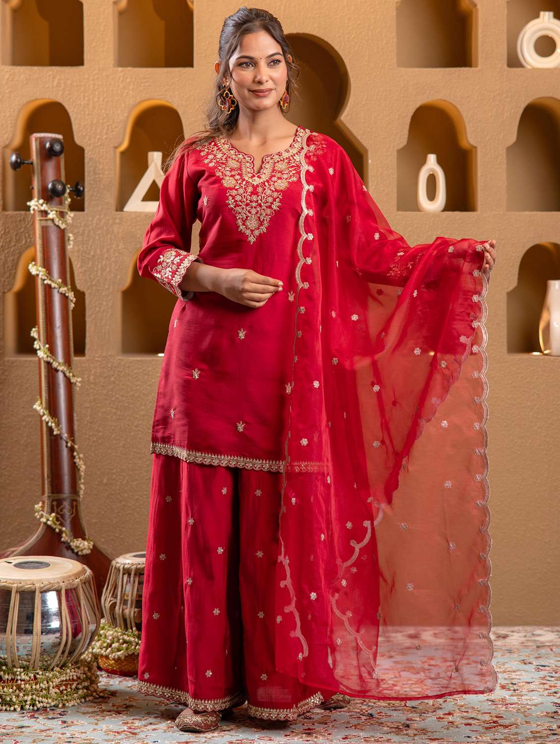 women solid with work three quarter sleeve kurta palazzo with dupatta set