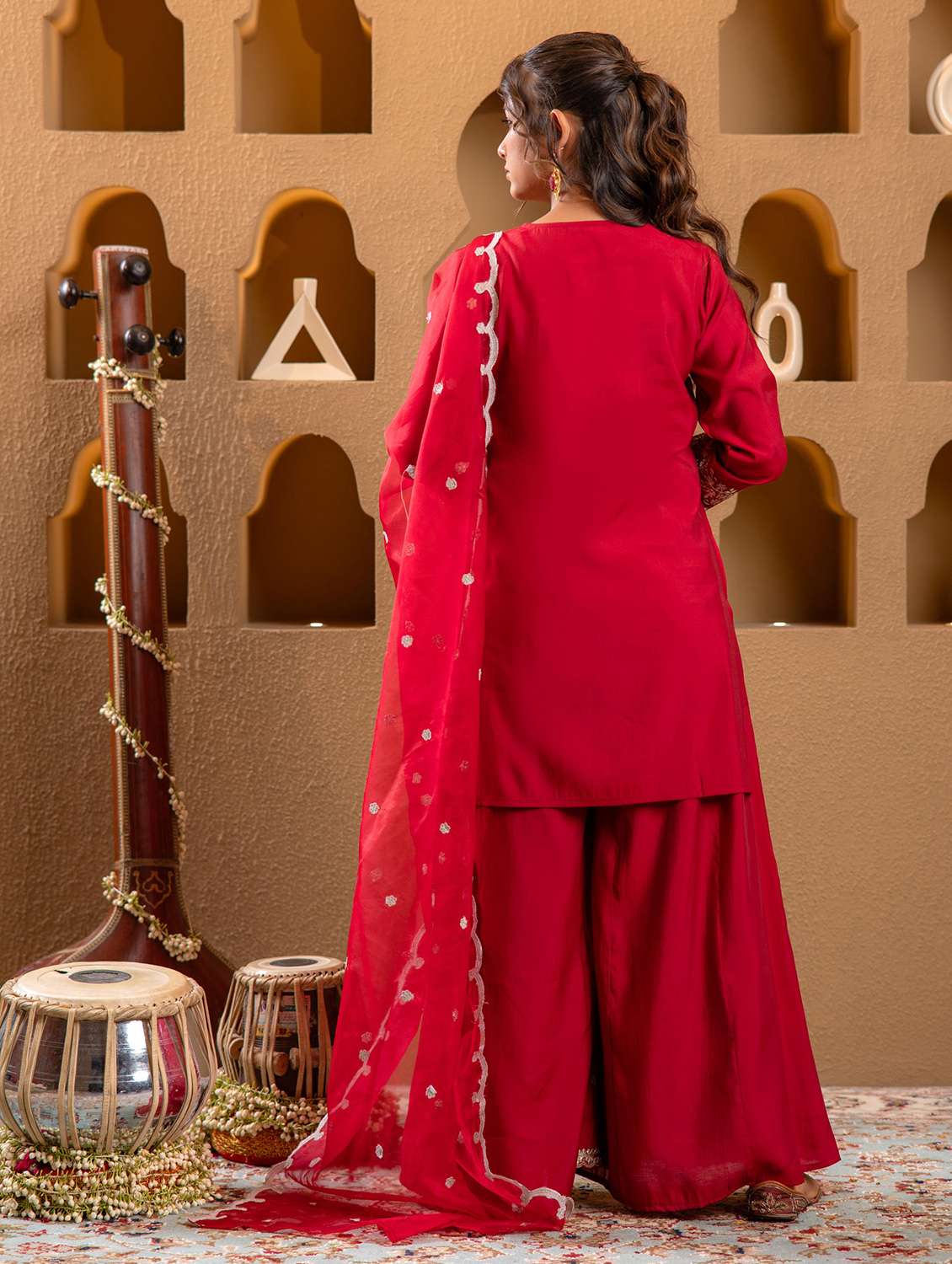 women solid with work three quarter sleeve kurta palazzo with dupatta set - 22183408 -  Standard Image - 3