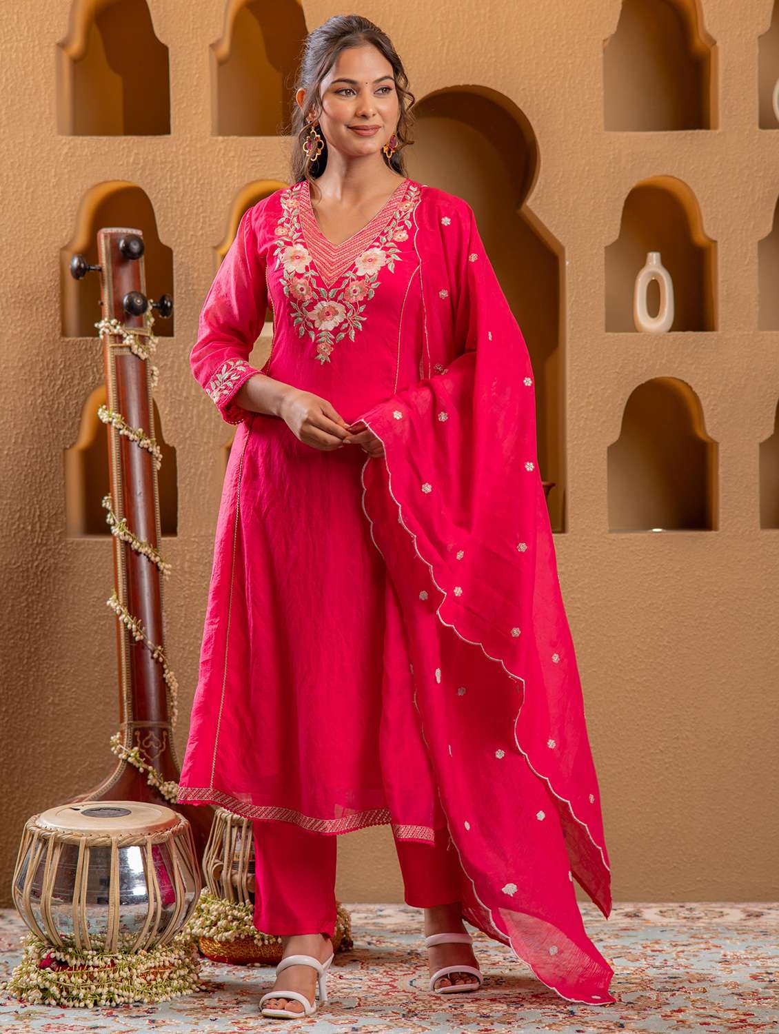 women solid with work three quarter sleeve kurta pant with dupatta set