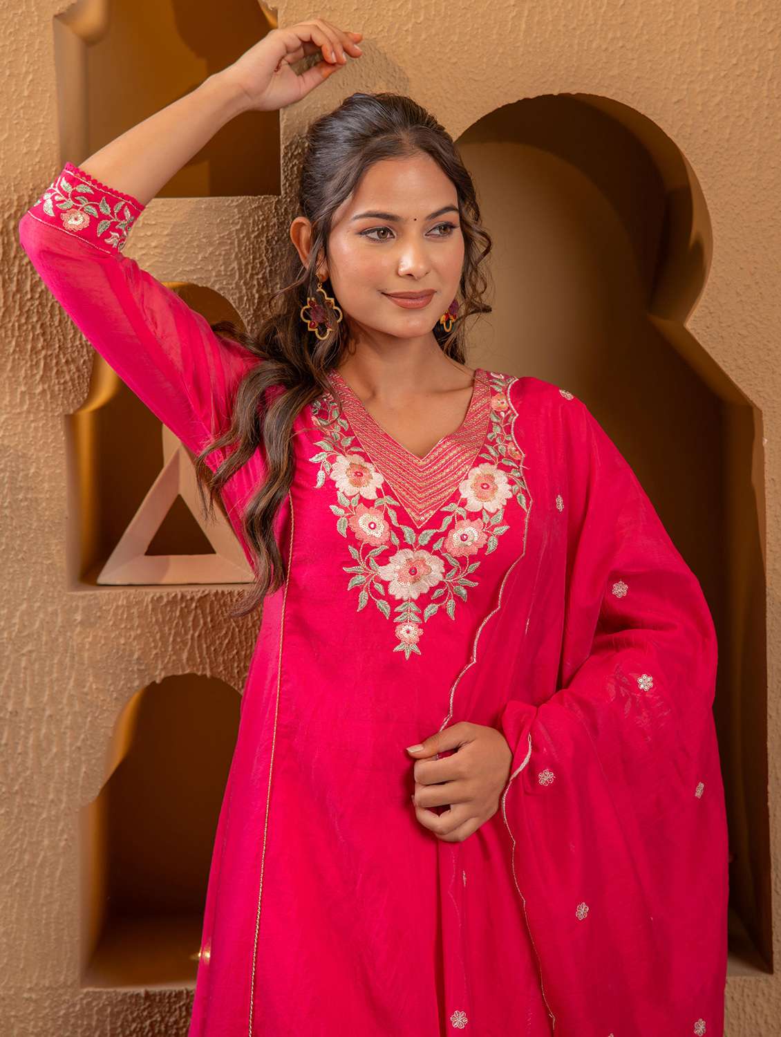 women solid with work three quarter sleeve kurta pant with dupatta set - 22183409 -  Standard Image - 3