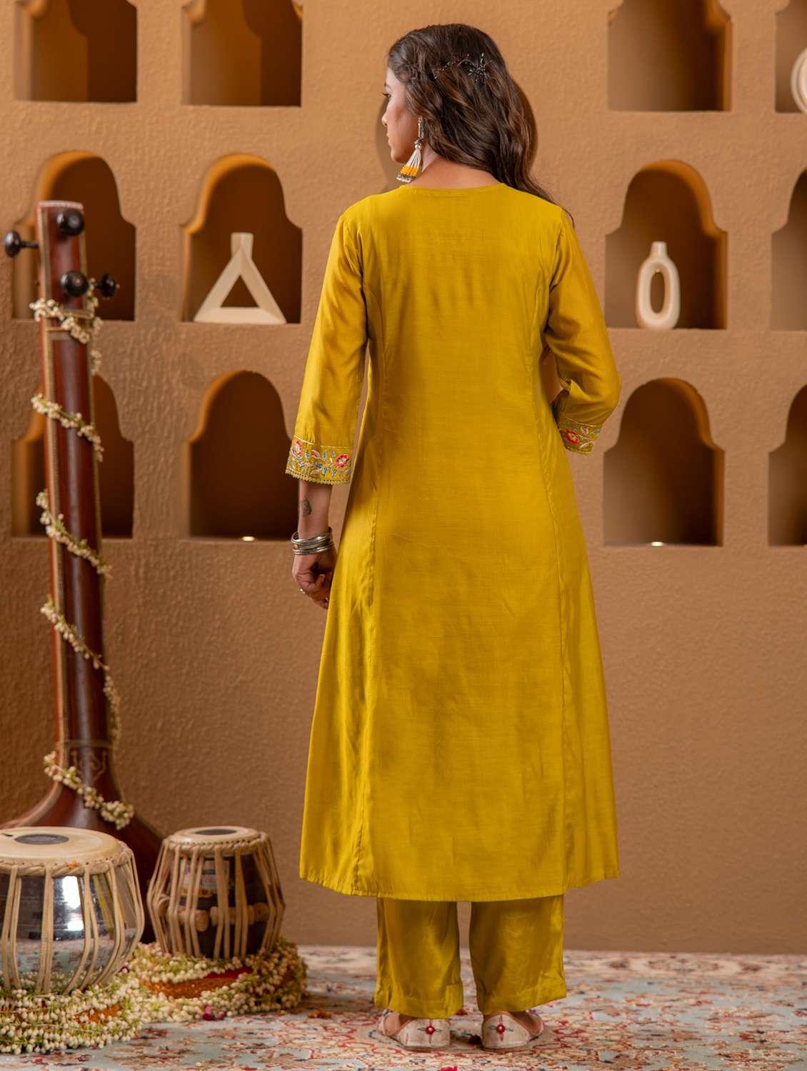 women solid with work three quarter sleeve kurta pant with dupatta set - 22183410 -  Standard Image - 3