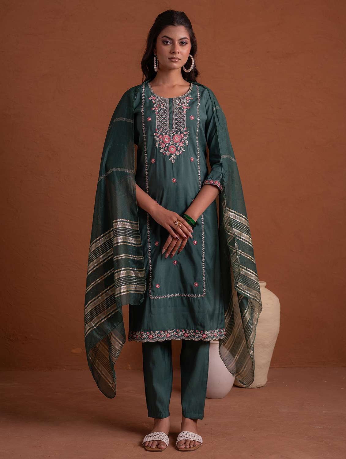 women solid with work three quarter sleeve kurta pant with dupatta set