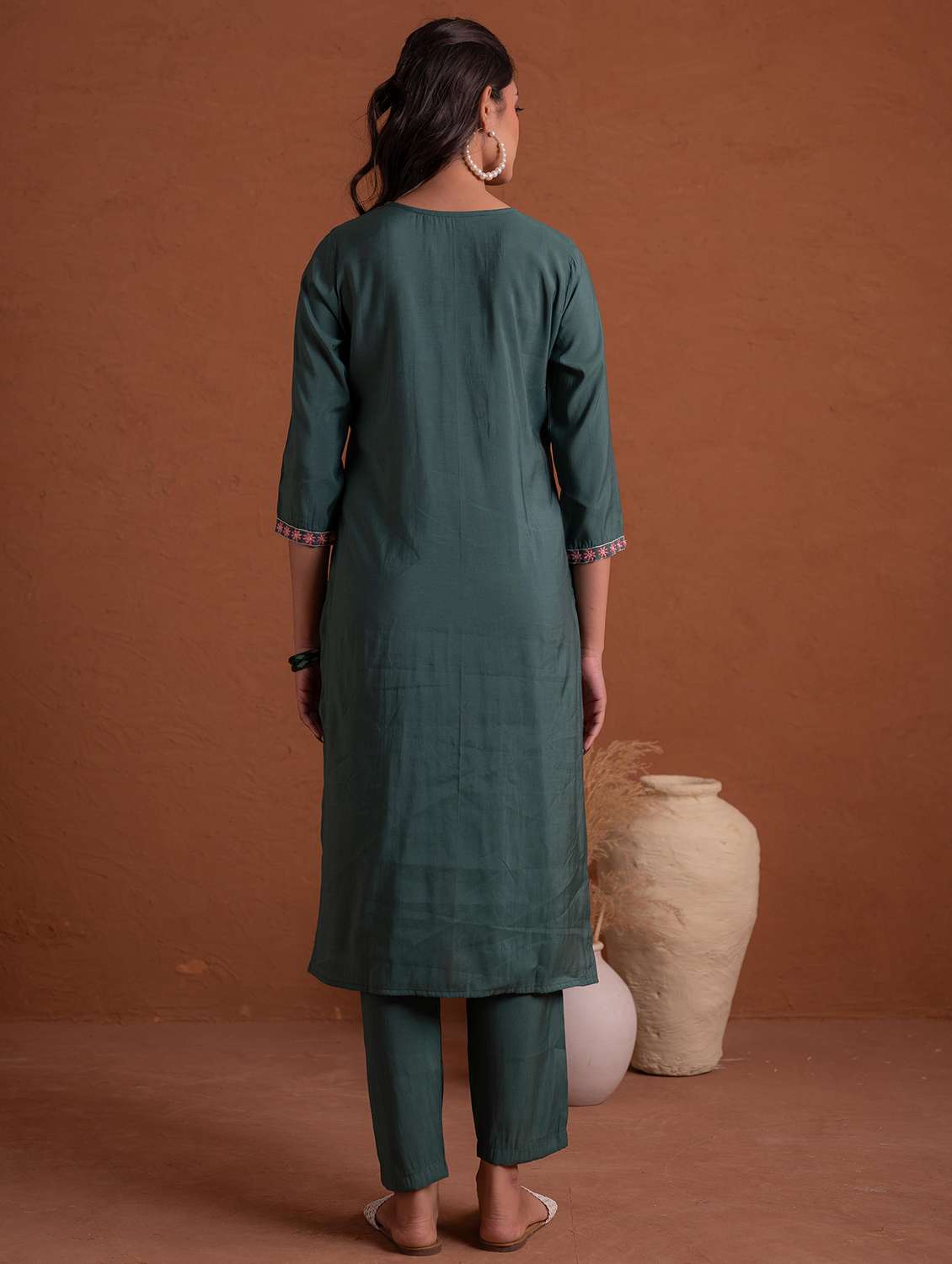 women solid with work three quarter sleeve kurta pant with dupatta set - 22183414 -  Standard Image - 3