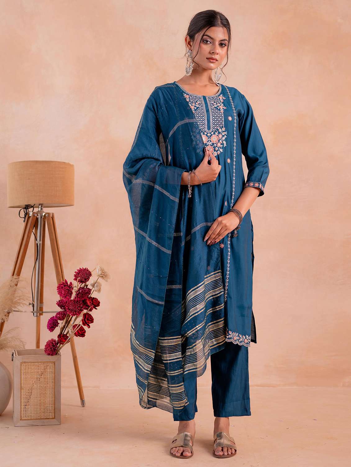 women solid with work three quarter sleeve kurta pant with dupatta set