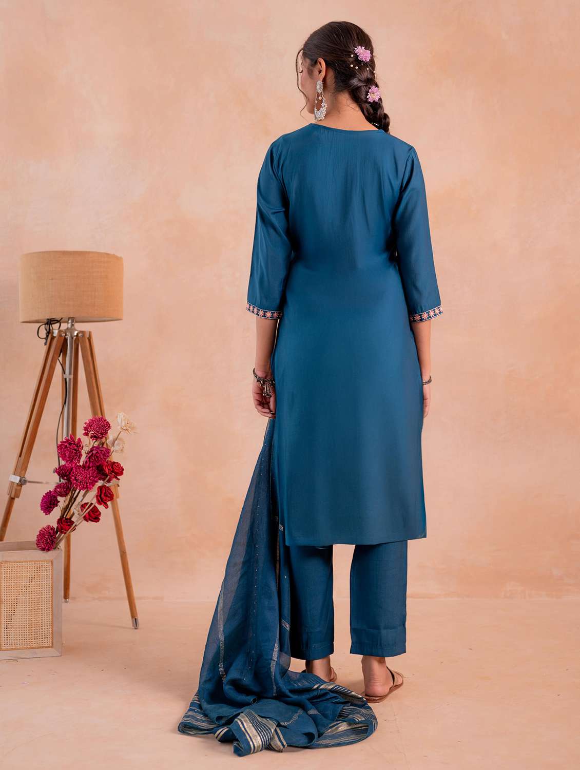 women solid with work three quarter sleeve kurta pant with dupatta set - 22183415 -  Standard Image - 3