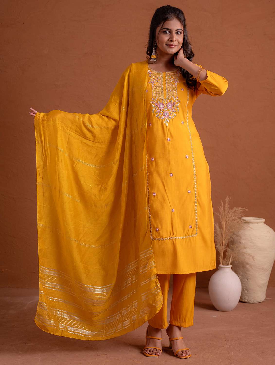 women solid with work three quarter sleeve kurta pant with dupatta set