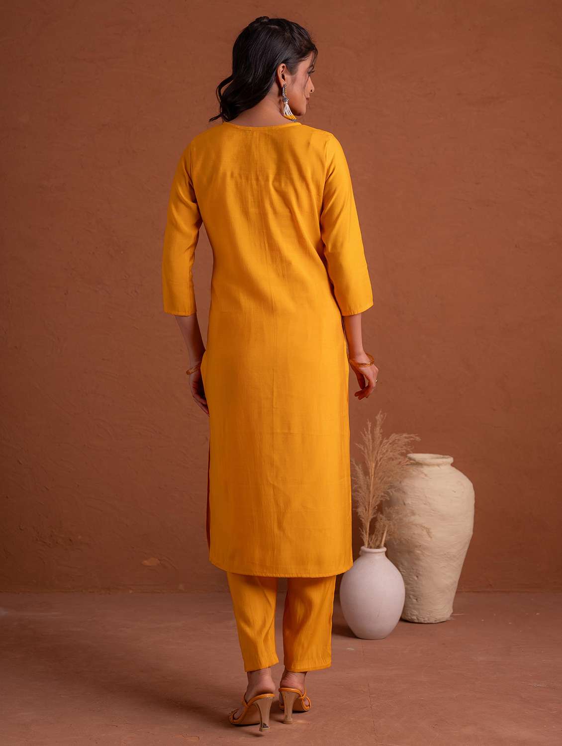 women solid with work three quarter sleeve kurta pant with dupatta set - 22183416 -  Standard Image - 3