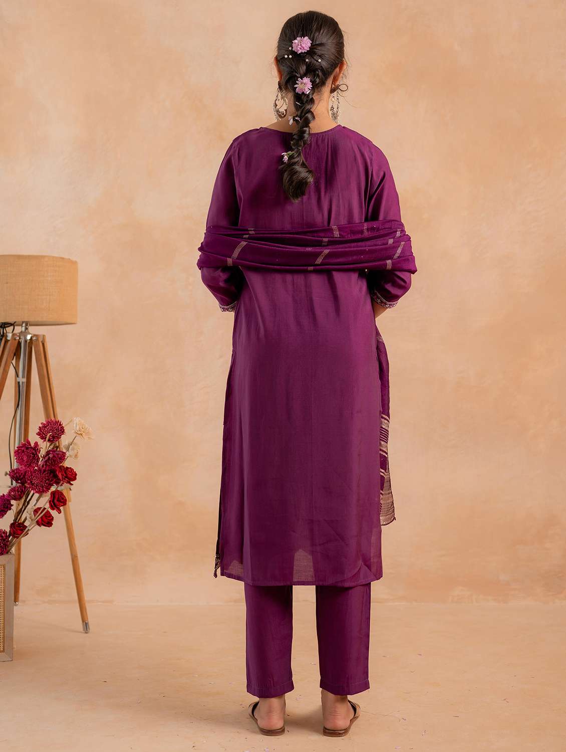 women solid with work three quarter sleeve kurta pant with dupatta set - 22183418 -  Standard Image - 3